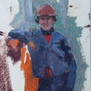 Retrato de un trabajador. Pintura al óleo antigua. Original del arte soviético del socialismo. Artista ucraniano Gribok D.K. 36-17 cm cartón óleo década de 1970