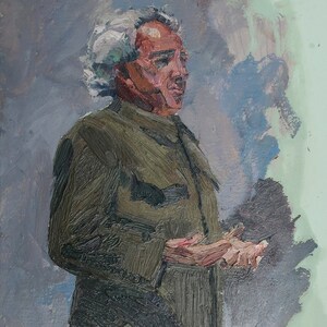 Retrato de un hombre. Pintura al óleo antigua original del realismo socialista Arte soviético Artista ucraniano Gribok D.K. 80-38 cm Óleo sobre cartón Años 70