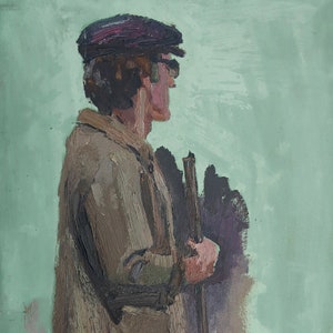 Retrato de un hombre Pintura al óleo antigua original del realismo socialista Arte soviético Artista ucraniano Gribok D.K. 80-38 cm óleo sobre cartón Años 70