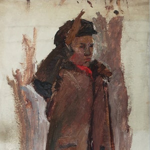 Boceto. Pintura al óleo antigua original del realismo socialista Arte soviético Artista ucraniano Gribok D.K. 69-33 cm Óleo sobre cartón Años 70
