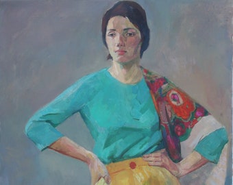 Retrato de una niña. Pintura al óleo antigua original del socialismo, arte soviético, artista ucraniano Volchenko 105-59 cm óleo sobre lienzo década de 1970