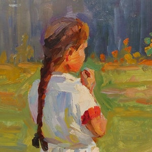 Portrait d'une jeune fille. Artiste ukrainienne Khitrova T. 38-22 cm, huile sur carton, années 1960