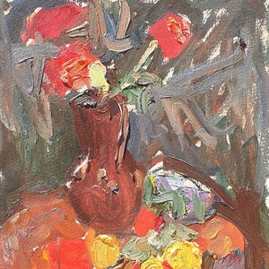 Naturaleza muerta. Pintura al óleo original del artista ucraniano Repka S. 32-26 cm cartón óleo década de 1980