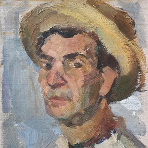 Retrato. Pintura al óleo original del realismo socialista del artista ucraniano Basanets P.A. 34-23 cm óleo sobre cartón década de 1970