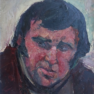 Retrato de un hombre. Pintura al óleo antigua original del realismo socialista Arte soviético Artista ucraniano Gribok D.K 50-27 cm Óleo sobre cartón Años 70