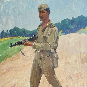 Retrato de un soldado. Pintura al óleo original del realismo socialista del artista ucraniano Chernikov V. 69-48 cm cartón óleo década de 1970