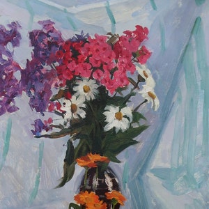 Naturaleza muerta. Pintura original del artista ucraniano Gribok D. 83-47 cm, óleo sobre cartón, años 70