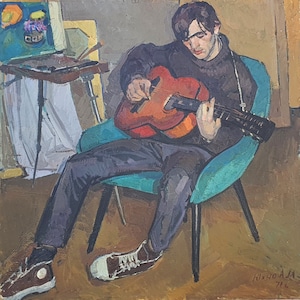 Portrait of a son. Oil painting original social realism Ukrainian artist Yukhno A. 100-100 cm oil on canvas 1970year