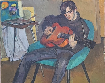 Portrait of a son. Oil painting original social realism Ukrainian artist Yukhno A. 100-100 cm oil on canvas 1970year