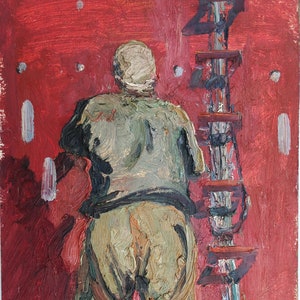 Pintura al óleo antigua original del realismo socialista Arte soviético Artista ucraniano Gribok D.K. 49-29 cm Óleo sobre cartón Años 70
