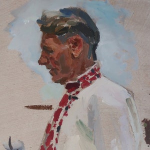 Retrato de un hombre. Pintura al óleo original del artista ucraniano Basanets P. 41-24 cm óleo sobre cartón década de 1970