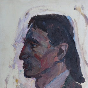 Retrato de un hombre. Pintura al óleo antigua original del realismo socialista Arte soviético Artista ucraniano Gribok D.K. 49-30 cm Óleo sobre cartón Años 70