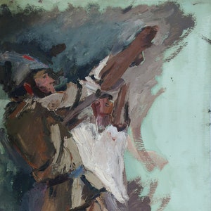 Boceto. Pintura al óleo antigua original del realismo socialista Arte soviético Artista ucraniano Gribok D.K. 80-50 cm Óleo sobre cartón Años 70