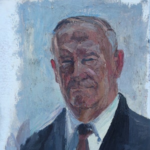 Retrato de un hombre. Pintura al óleo antigua original del realismo socialista Arte soviético Artista ucraniano Gribok D.K 49-30 cm Óleo sobre cartón Años 70