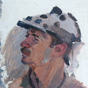 Retrato de un hombre. Pintura al óleo antigua. Original del realismo socialista. Arte soviético. Artista ucraniano Gribok D.K. 39-24 cm. Óleo sobre cartón. Años 70.