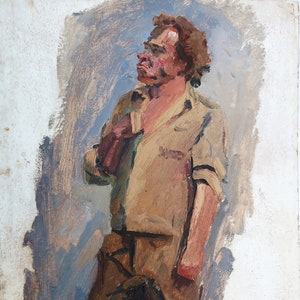 Retrato de un hombre. Pintura al óleo antigua original del realismo socialista Arte soviético Artista ucraniano Gribok D.K. 80-50 cm Óleo sobre cartón Años 70