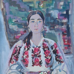 Portrait.Peinture originale de l'artiste ukrainienne Ganja P. 84-54 cm, techniques mixtes sur carton, années 1990