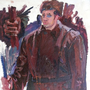 Boceto. Pintura al óleo antigua. Original del realismo socialista. Arte soviético. Artista ucraniano Gribok D.K. 80-50 cm. Óleo sobre cartón. Años 70.