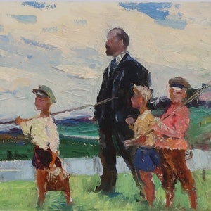Lénine avec des enfants. Artiste ukrainienne Khitrova T. 28-45 cm, huile sur carton, années 1970