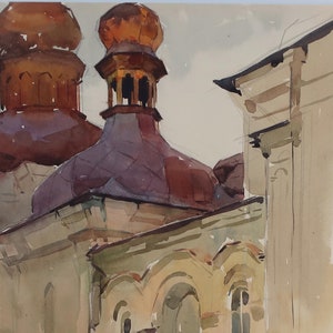 Chiesa. Dipinto originale dell'artista ucraino Prizant L.35-25 cm, carta per acquerello, anni '60