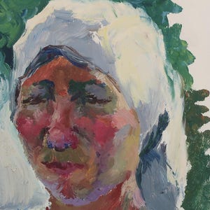 Retrato. Pintura original de la artista ucraniana Zakharova, 27-17 cm de largo, óleo sobre cartón, década de 1970.