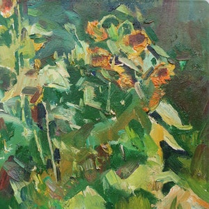 Tournesols. Artiste ukrainien Yalansky A. 30-20 cm, huile sur toile sur carton