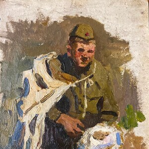 Soldado. Pintura al óleo original del artista ucraniano Konstantinopol'skiy A. 31-24 cm cartón óleo años 60
