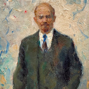 Retrato de Lenin. Pintura original do artista ucraniano Chernikov V. 31-21 cm, óleo sobre papelão, década de 1970.