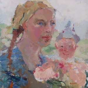 Mujer con niño. Pintura original del artista ucraniano Yatsenko V. 50-34 cm, óleo sobre cartón.