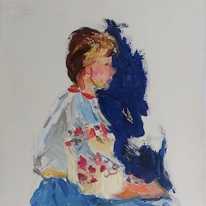 Retrato. Pintura original de la artista ucraniana Khitrova T. 49-34 cm, óleo sobre cartón, años 70.