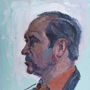 Retrato de un hombre. Pintura al óleo antigua original del realismo socialista Arte soviético Artista ucraniano Gribok D.K 50-34 cm Óleo sobre cartón Años 70