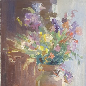 Naturaleza muerta. Pintura al óleo original del artista ucraniano Gorshkov N. 35-25 cm cartón óleo década de 1970