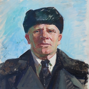 Retrato de un hombre, pintura al óleo antigua, original, realismo socialista, arte soviético, artista ucraniano Vovk A.I. 39-36 cm, óleo sobre cartón