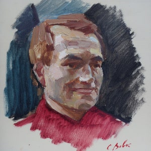 Retrato de un hombre, pintura al óleo antigua, original, realismo socialista, arte soviético, artista ucraniano Vovk S.A. 35-24 cm, óleo sobre cartón
