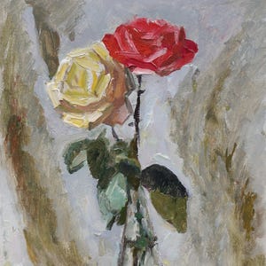 Rosas. Pintura original del artista ucraniano V. Kikinev. 49-34 cm, óleo sobre cartón, 1979