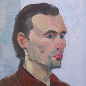 Retrato. Pintura original de la artista ucraniana Kryzhanovskaya M. 49-34 cm, óleo sobre cartón, 1970