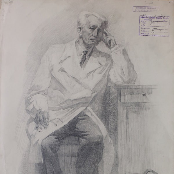 Portrait of a doctor. Ukrainian artist Elizev 59-41 cm paper pencil 1963year