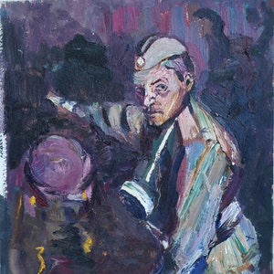 Retrato de un soldado. Pintura al óleo antigua original del socialismo Arte soviético Artista ucraniano Gribok D.K. 37-33 cm Óleo sobre cartón Años 70