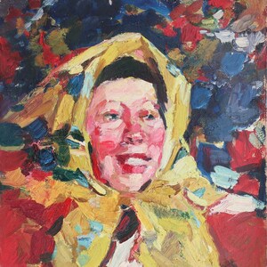 Retrato. Pintura al óleo antigua original del realismo socialista, arte soviético, artista ucraniano Dovgalevskaya V.V. 48-34 cm óleo sobre cartón año 1968