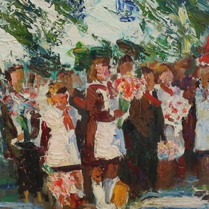 Vacances scolaires. Artiste ukrainienne Hitrova T. 35-25 cm, huile sur carton, années 1960
