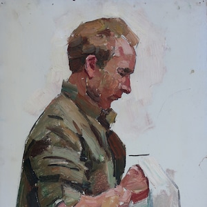 Retrato de un hombre, pintura al óleo antigua original del realismo socialista, arte soviético, artista ucraniano Vovk A.I. 39-34 cm óleo sobre cartón.