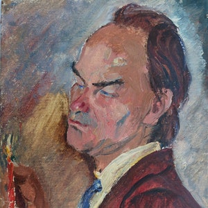 Retrato de un hombre. Pintura al óleo antigua. Original del realismo socialista. Arte soviético. Artista ucraniano Gribok D.K. 34-24 cm. Cartón. Óleo. Año 1994.