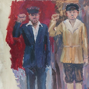 Boceto. Pintura al óleo antigua original del realismo socialista Arte soviético Artista ucraniano Gribok D.K. 69-49 cm Óleo sobre cartón Años 70