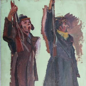 Boceto. Pintura al óleo antigua original del realismo socialista Arte soviético Artista ucraniano Gribok D.K. 70-50 cm Óleo sobre cartón Años 70