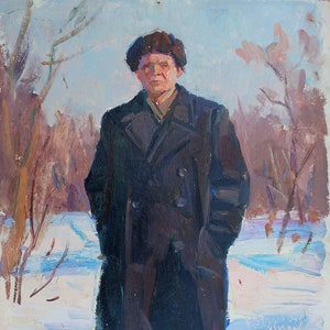 Retrato de un hombre, pintura al óleo antigua, original, realismo socialista, arte soviético, artista ucraniano Vovk A.I. 48-35 cm óleo sobre cartón