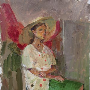 Sombrero de paja. Pintura original del artista ucraniano Yalansky A. 35-25 cm, óleo sobre cartón.