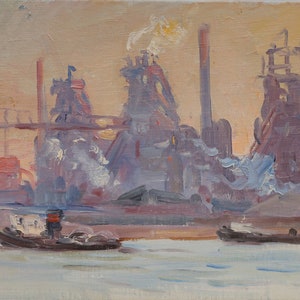 Paysage industriel. Artiste ukrainienne Shurupov K. 25-35 cm, huile sur toile sur carton, années 1960