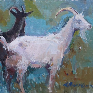 Chèvres. Artiste ukrainien Yalansky A. 15-20 cm, huile sur toile sur carton
