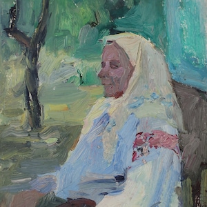 Retrato de una mujer, pintura al óleo antigua, original, realismo socialista, arte soviético, artista ucraniano Vovk S.A. 34-24 cm, óleo sobre cartón