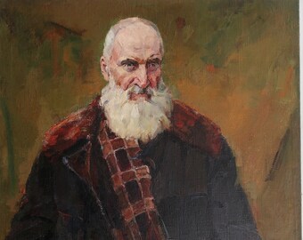 Retrato de un hombre. Pintura al óleo antigua original del realismo socialista Arte soviético Artista ucraniano Gribok D.K. 91-66 cm óleo sobre lienzo década de 1970